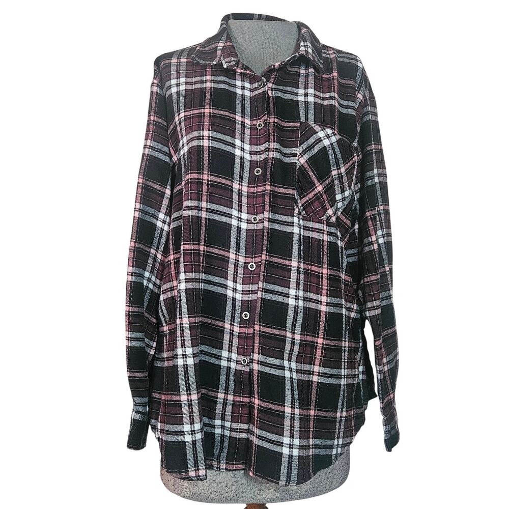 Pink Black and White Plaid Cotton Blend Flannel Size Large
